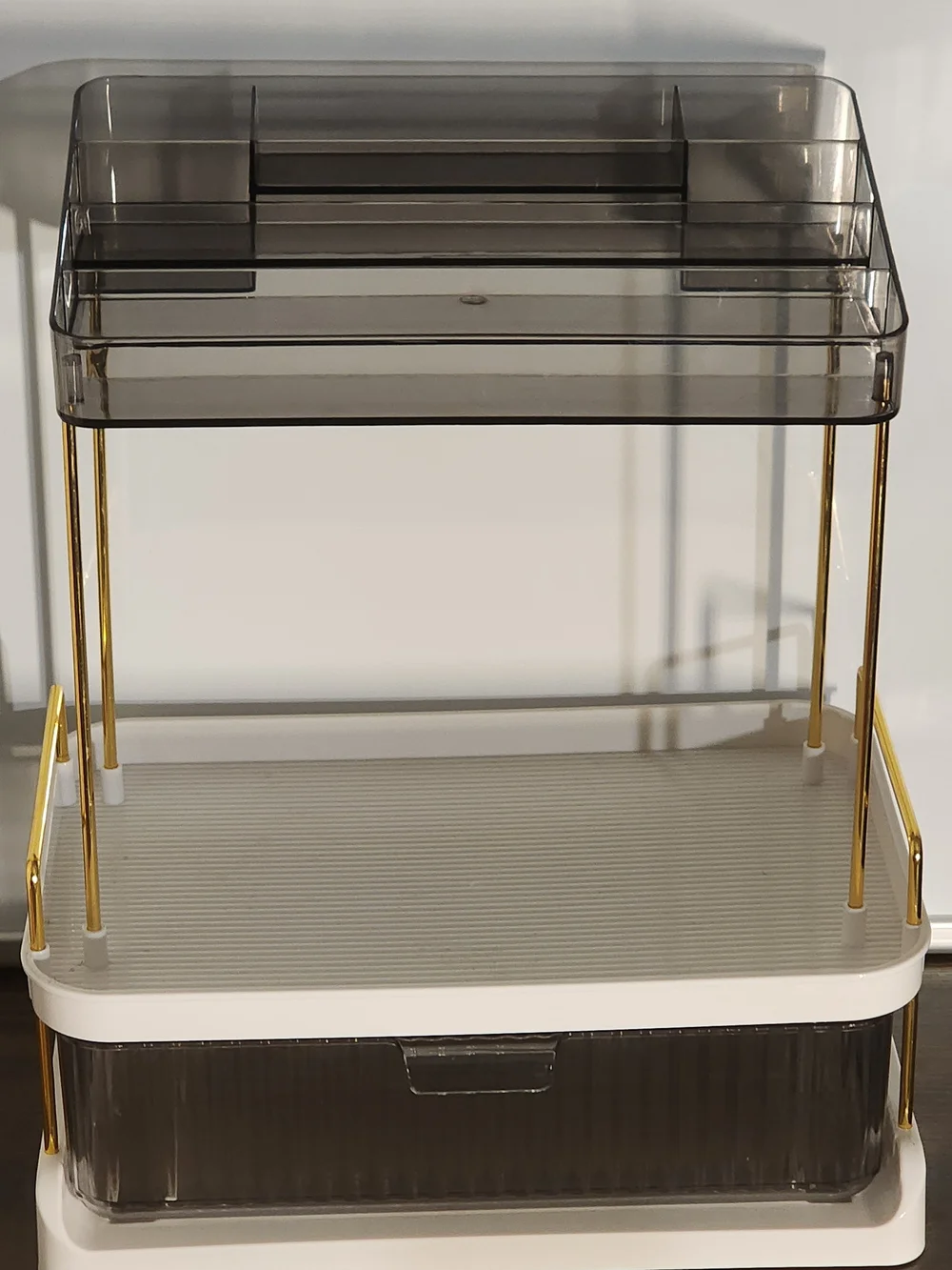 Smoked Gray and Gold Two-Tier Bathroom Storage Organizer - Modern Home Storage